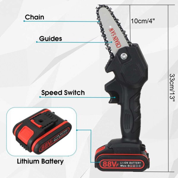4 Inch 88V 1080W Mini Electric Chain Saw With 2PC Battery Rechargeable One-handed Woodworking Pruning Garden Tool EU Plug