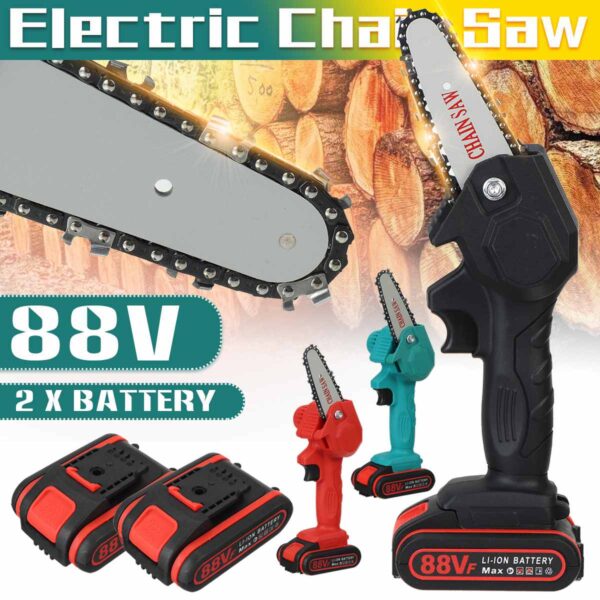 1080W 4 Inch 88V Mini Electric Chain Saw With 2PC Battery Woodworking Pruning One-handed Garden Tool Rechargeable EU Plug