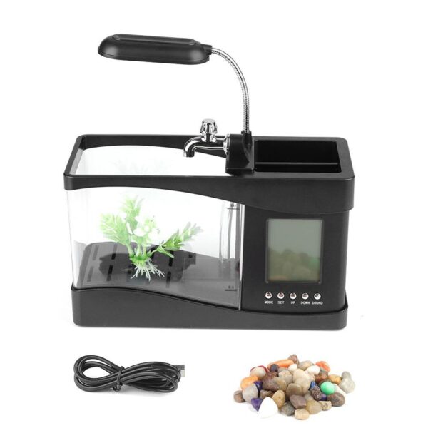 USB Desktop Mini Aquarium Fish Tank Beta Aquarium with LED Light LCD Display Screen and Clock Fish Tank Decoration with Pebbles