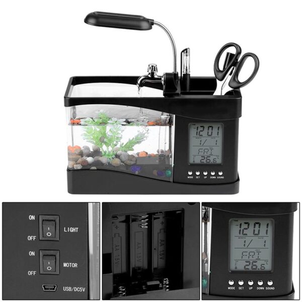 USB Desktop Mini Aquarium Fish Tank Beta Aquarium with LED Light LCD Display Screen and Clock Fish Tank Decoration with Pebbles